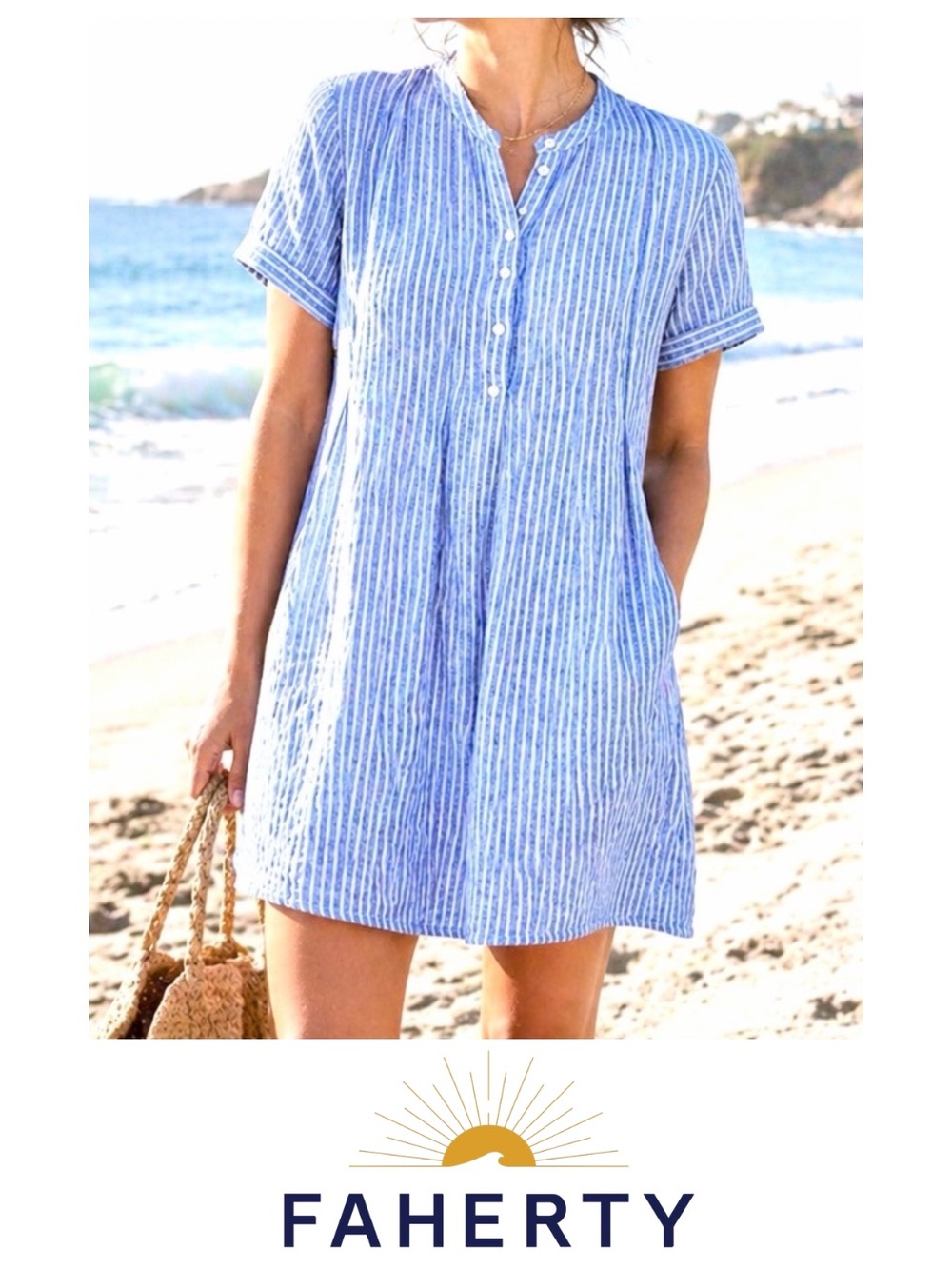 Faherty Blue & White Striped Short-Sleeve Mini Tunic Dress